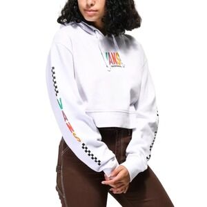 Vans‎ White Cropped Hoodie Rainbow Logo Checkered Sleeve Detail Women's Large